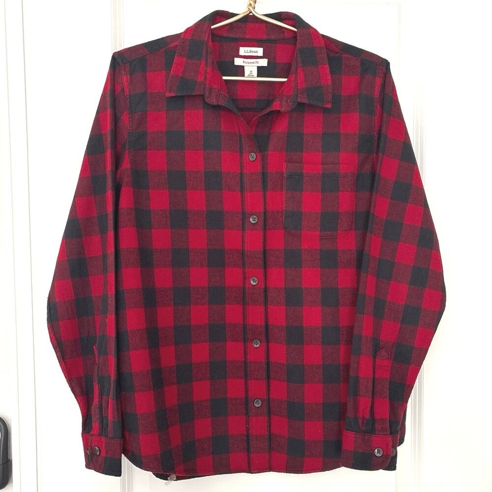 LL Bean Mens Medium Red Black Flannel Buffalo Plaid Button Dn Long Sleeve Shirt